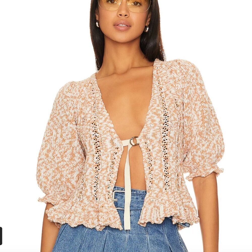 Free People Yesterday Cardi Cardigan Knit Cropped Sweater Toast Beige Size XS
